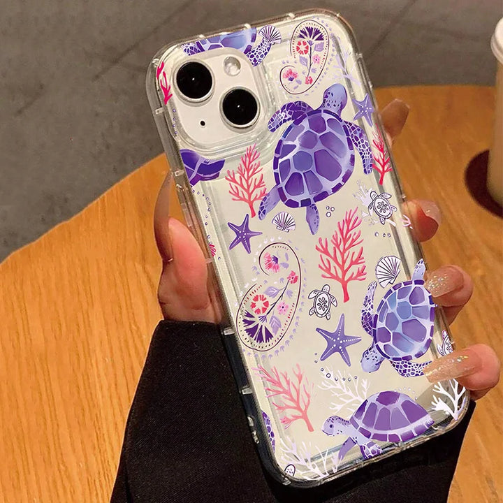 Fashion Transparent Phone Case For iPhone 17 16 Pro Max 15 14 13 12 11 XS X XR 7 8 Plus With Turtle Coral Seashell Pattern Cover