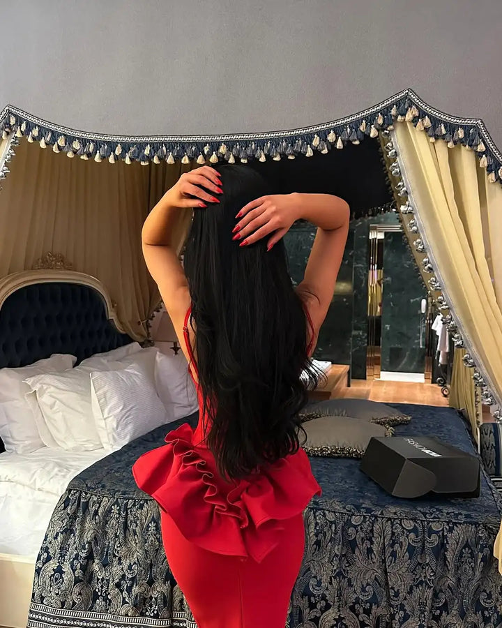 Robe Bandage Rouge Saint-Valentin - Robe Longue Moulante Col V Volants Femme