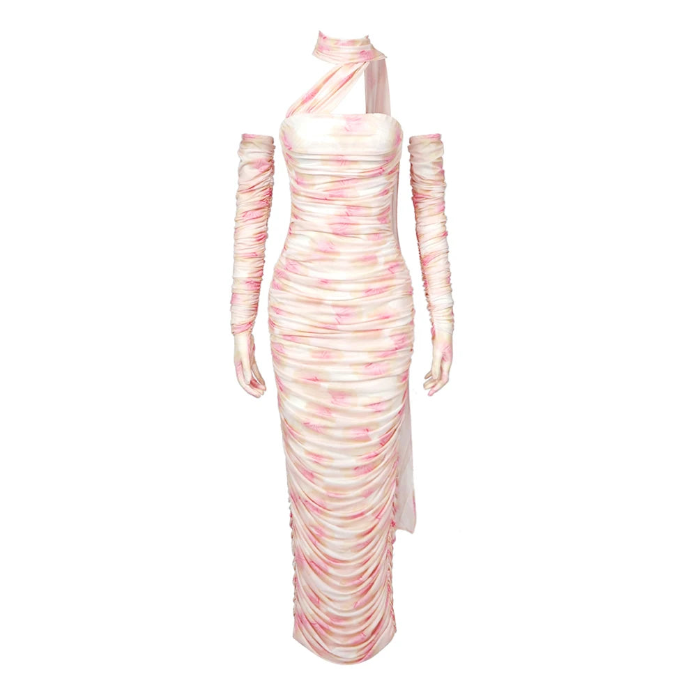 VC Elegant Dress For Women Draped Ribbon With Long Sleeves Gloves Dress Party Vestido Mesh Holiday Sundress