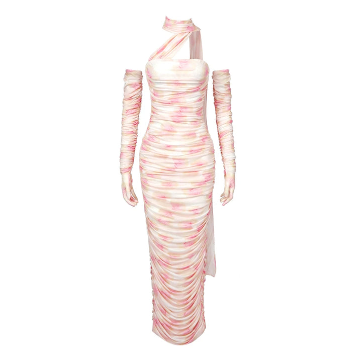 VC Elegant Dress For Women Draped Ribbon With Long Sleeves Gloves Dress Party Vestido Mesh Holiday Sundress