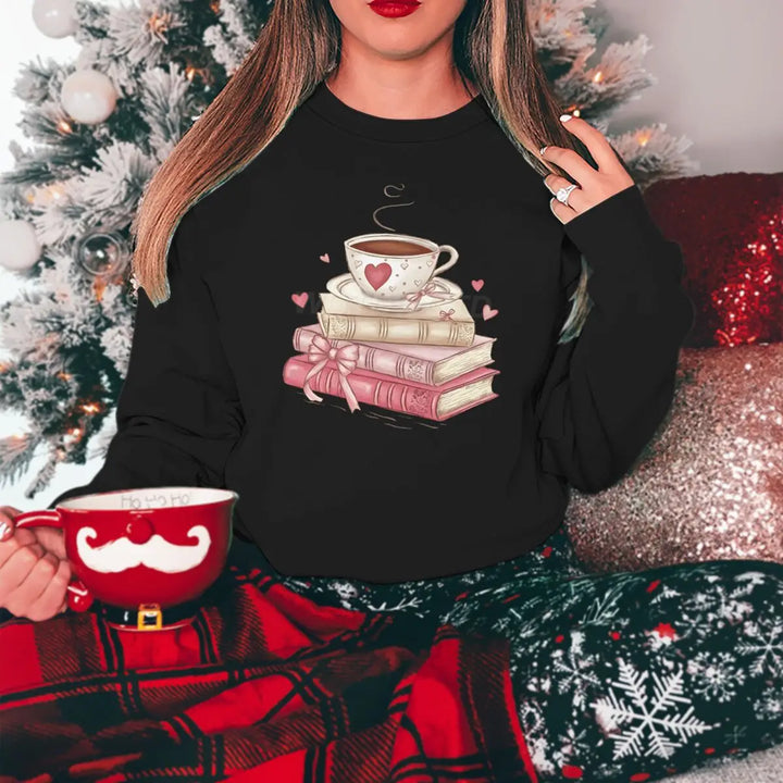 Sweatshirt Valentine Book Coffee Cup - Pull Femme Graphique Coquette Manches Longues