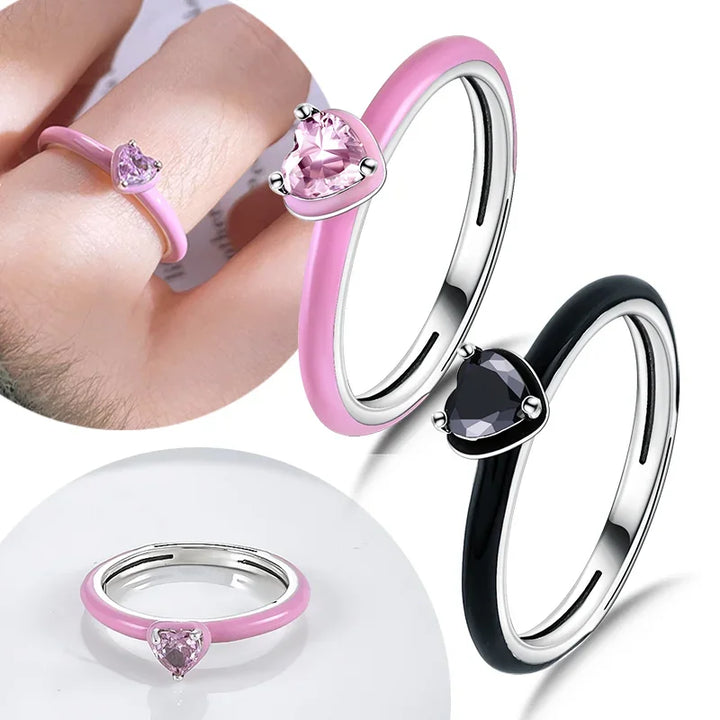 2025 Valentine's Day 925 Silver Black & Pink Heart Shiny Zircon Rings Trendy Ring for Women Love Gift DIY Fine Jewelry