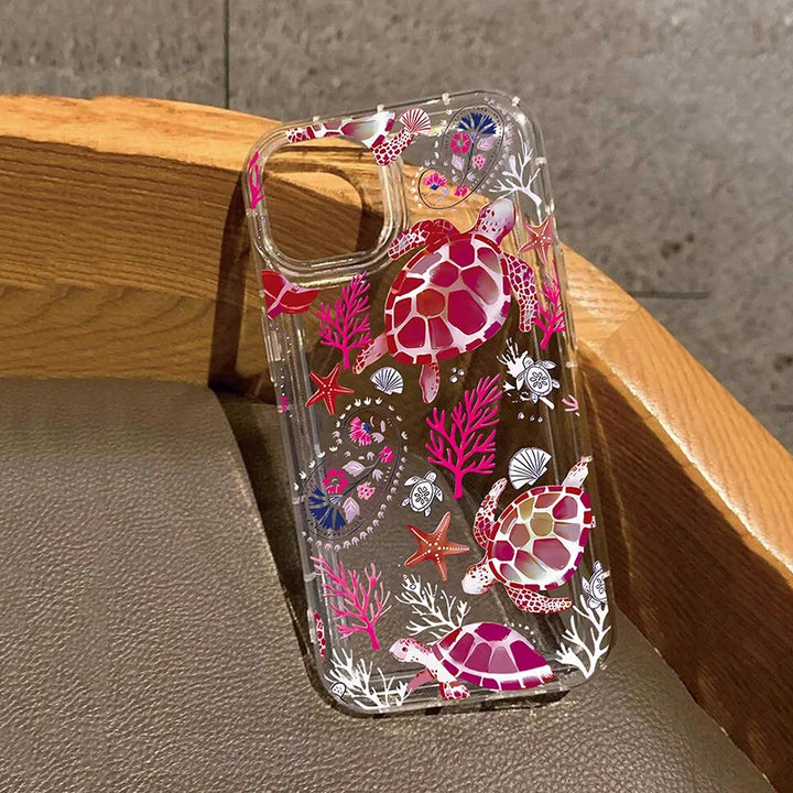 Fashion Transparent Phone Case For iPhone 17 16 Pro Max 15 14 13 12 11 XS X XR 7 8 Plus With Turtle Coral Seashell Pattern Cover