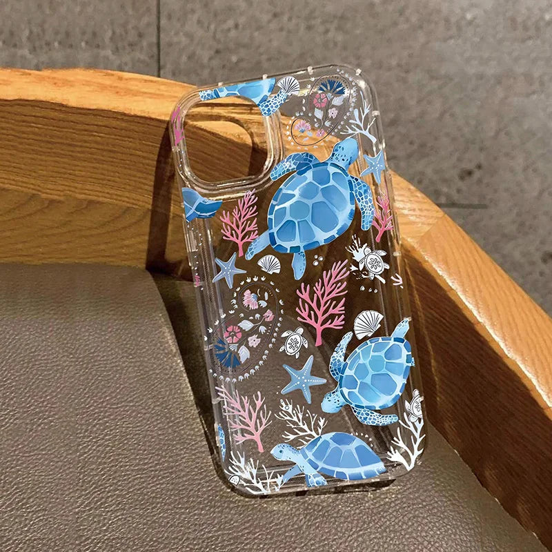 Fashion Transparent Phone Case For iPhone 17 16 Pro Max 15 14 13 12 11 XS X XR 7 8 Plus With Turtle Coral Seashell Pattern Cover