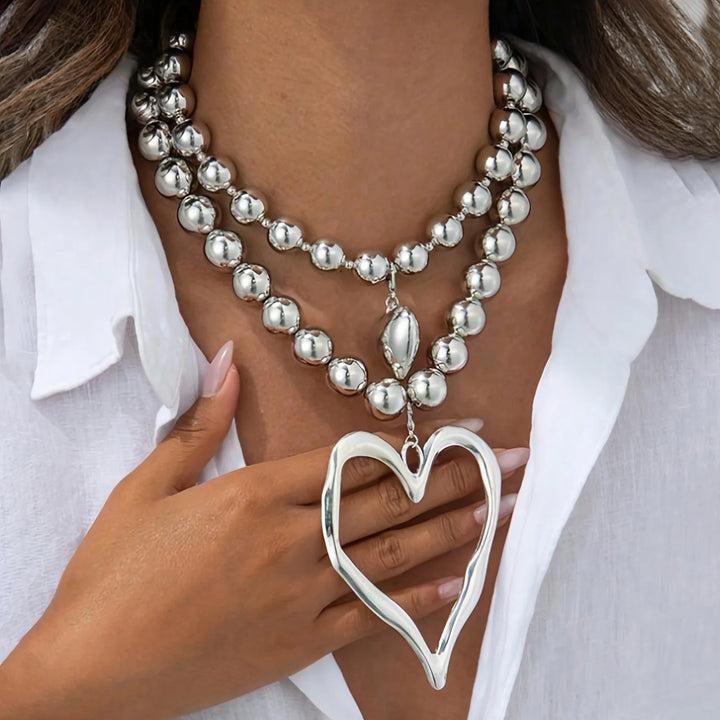 Bohemian style exaggerated large bead heart-shaped pendant necklace set, Valentine's Day jewelry gift for girlfriend