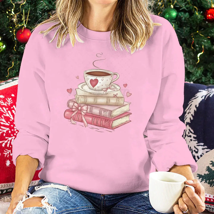 Sweatshirt Valentine Book Coffee Cup - Pull Femme Graphique Coquette Manches Longues