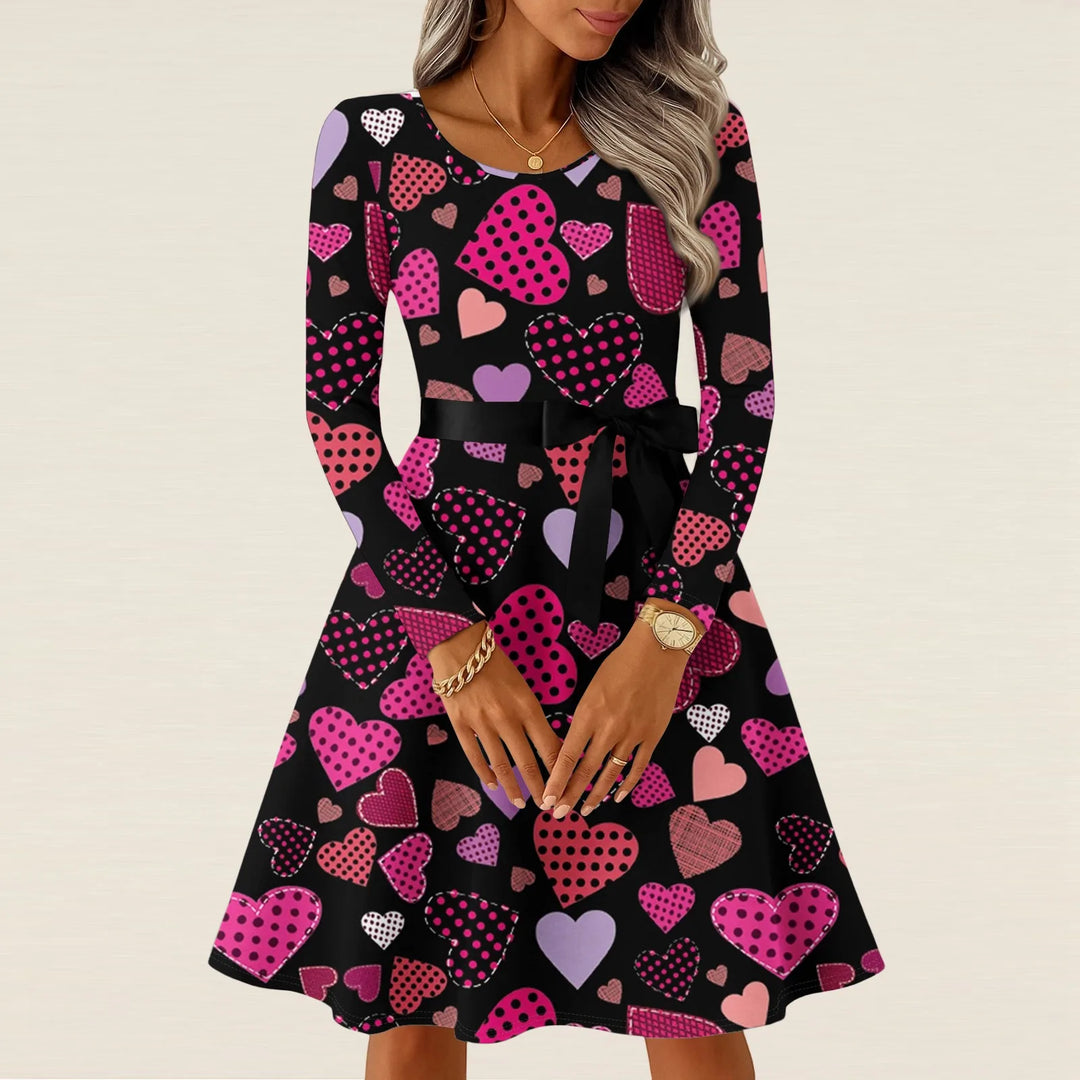 Robe Tricot Imprimé Cœur Saint-Valentin - Robe Longue Manches Longues Femme