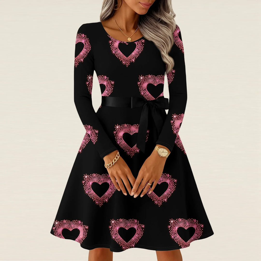 Robe Tricot Imprimé Cœur Saint-Valentin - Robe Longue Manches Longues Femme